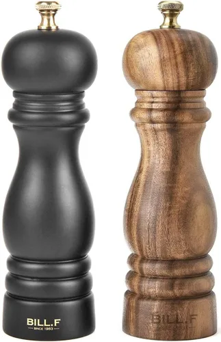 Miniatura 11 de BILL.F - Molinillo de sal y pimienta de madera, juego de 2 saleros y pimenteros con rotor de cerámica ajustable, 7 pulgadas Negro