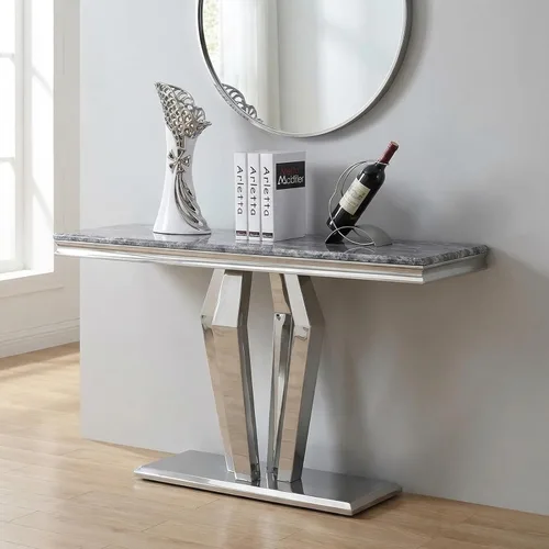 Miniatura 9 de ACEDCOR - Mesa consola moderna, mesa rectangular para sala de estar y entrada con base geométrica de espejo, negro dorado