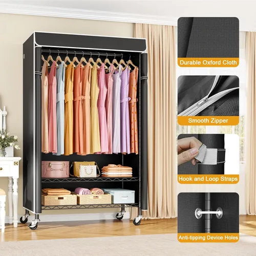Miniatura 6 de ULIFHOME P6C - Perchero con ruedas con tapa, percheros de ropa cubiertos resistentes, armario portátil para colgar ropa, percheros con ruedas