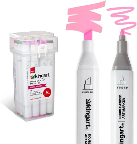 KINGART PRO Marcadores de tinta de alcohol de doble punta, 12 colores florales brillantes, punta fina y puntas de cincel, permanentes con capacidad