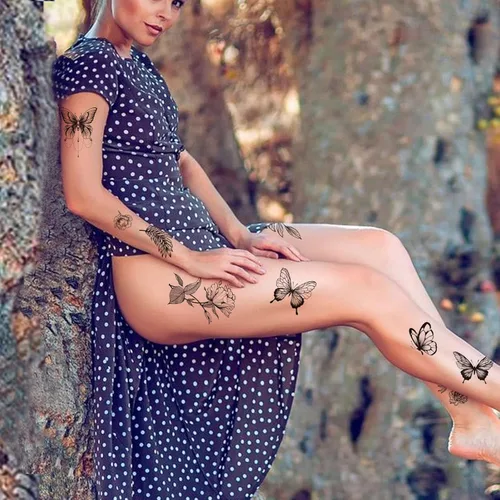 Miniatura 4 de Tazimi 6 hojas de tatuajes temporales de mariposa de flores negras para mujeres y niñas, de larga duración, realistas, impermeables, tatuajes falsos