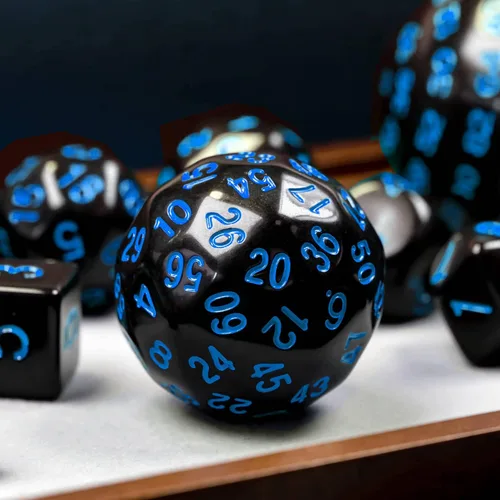 Miniatura 6 de Juego completo de 15 dados poliédricos DND D3-D100 con bolsa de dados de ojo de dragón, dados D100 para juegos de mesa RPG (negro con números azules)