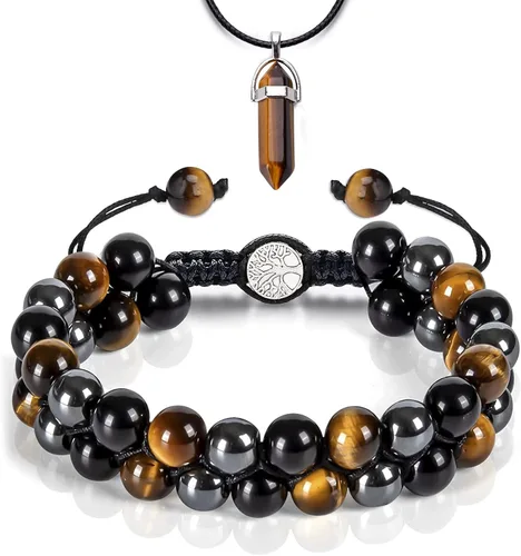 Pulsera Hecha a Mano de Triple Protección 10mm de Hematita Obsidiana Negra Ojo de Tigre con Piedras de Cristal de Curación para Hombres y Mujeres