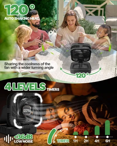 Miniatura 5 de Ventilador solar de campamento de 25000 mAh, ventilador solar recargable de oscilación de 120° con luz LED, 6 velocidades ajustables, ventiladores