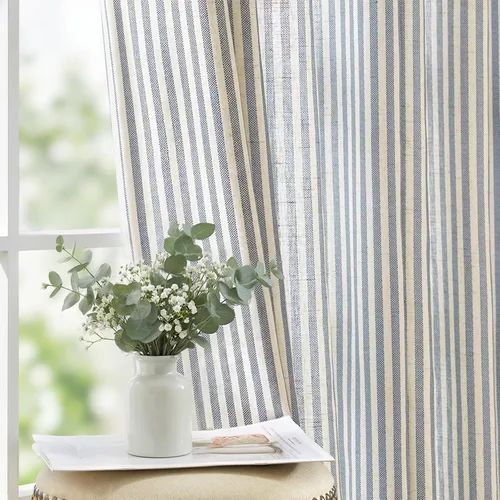 Miniatura 22 de JINCHAN Cortinas de lino para sala de estar o dormitorio, con estampado a rayas verde salvia sobre beige, rayas delgadas que filtran la luz