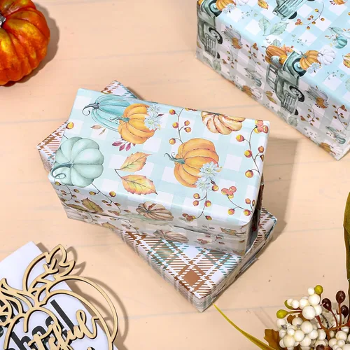 Miniatura 4 de Whaline 12 hojas de papel de regalo de calabaza de otoño, bohemio, pastel, calabaza, camión, papel de regalo, a cuadros blancos cian, manualidades