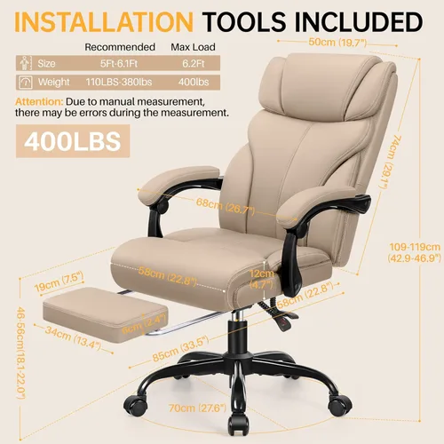Miniatura 2 de HeroSet Silla de oficina grande y alta con reposapiés, silla ergonómica reclinable de cuero ejecutiva de 400 libras, soporte lumbar, sillas