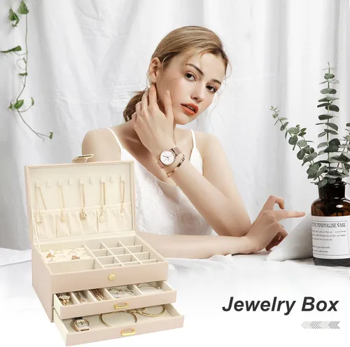 Miniatura 2 de V-LAFUY Organizador de joyas, organizador de joyas medio y almacenamiento, caja de joyería de 3 niveles con 2 cajones, cajas de joyería