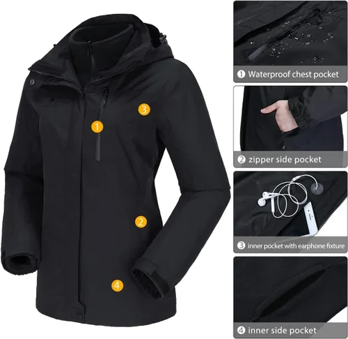 Miniatura 24 de CAMEL CROWN Chaqueta de esquí impermeable 3 en 1 para mujer, abrigo de invierno rompevientos, chaquetas de snowboard para lluvia, nieve, senderismo