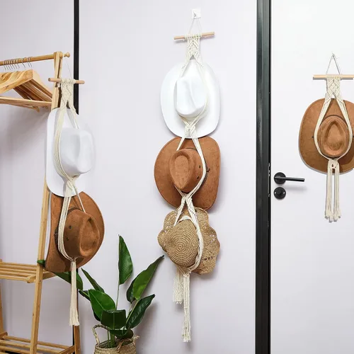 Miniatura 5 de Yulejo 3 piezas de macramé para sombrero, colgador de sombreros bohemio para pared, organizador de vaquera, estante de exhibición de tejido a mano