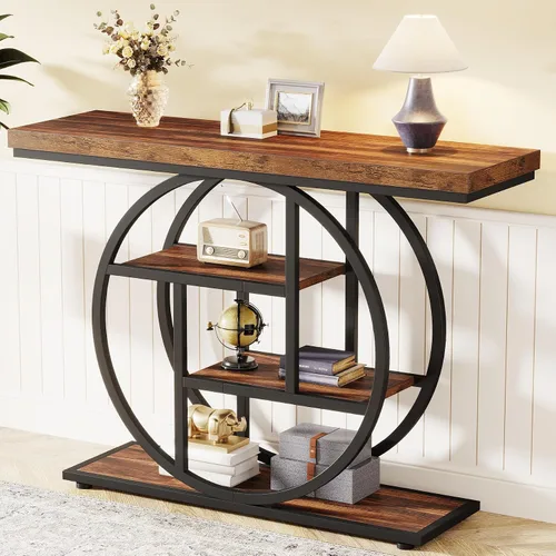 Miniatura 3 de Tribesigns Mesa de Consola de 41.3", Mesa Industrial de 4 Niveles para Sofá Mesa de Entrada con Base Circular, Mesas de Acento de Madera Estrechas