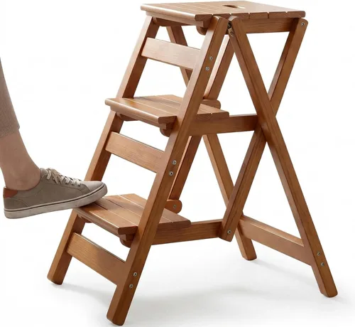 Taburete para adultos/escalera/silla de mostrador, taburete plegable de madera portátil de 3 escalones, antideslizante y ligero (tuerca - marrón)