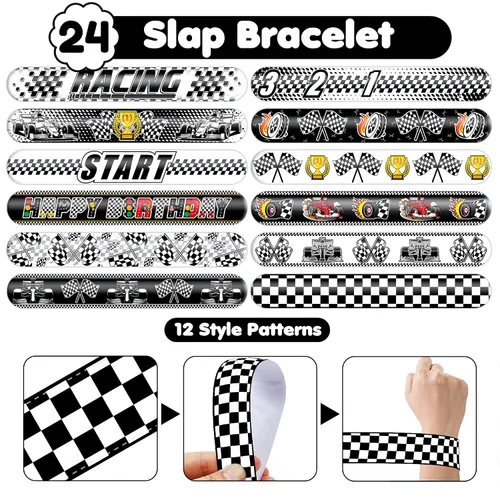 Miniatura 5 de Juego de 72 piezas de bandera a cuadros, 48 tatuajes temporales y 24 pulseras de palmada, suministros de cumpleaños temáticos de carreras, regalos