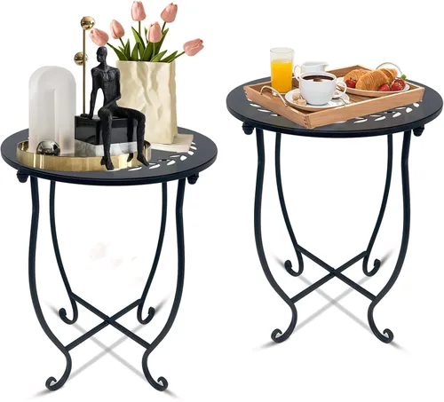 Miniatura 8 de Mesa auxiliar redonda de metal pequeña para interiores y exteriores, mesa de café bistró de 14 pulgadas, resistente a la intemperie, mesa auxiliar