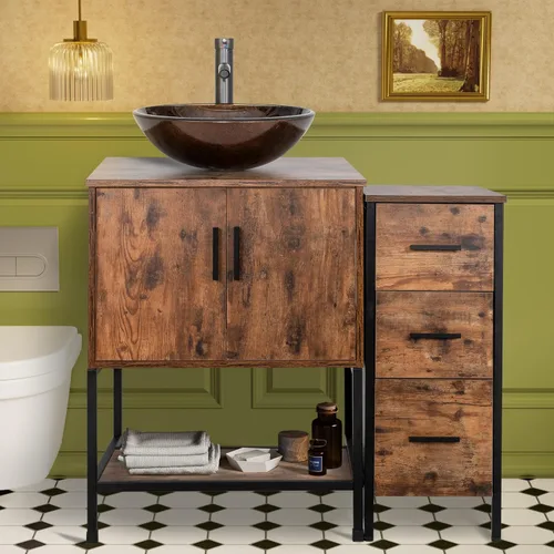 Miniatura 59 de UEV Juego de tocador de baño rústico marrón de 36 pulgadas con fregadero, marco de hierro industrial con 3 cajones laterales, fregadero de cerámica