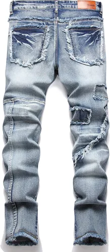 Miniatura 2 de XIMXIMMTIAN Jeans rectos de motociclista para hombre, desgastados, desgastados, ajustados, rectos