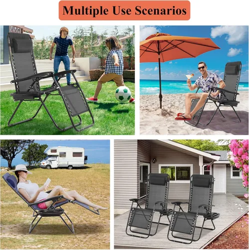 Miniatura 7 de Silla de gravedad cero plegable, silla de césped, silla reclinable ajustable para acampar con bandejas para almohada y soporte para tazas, silla