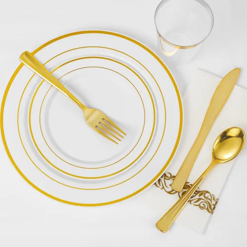 Miniatura 6 de Supernal 102 platos de plástico blanco y dorado, platos desechables resistentes, juego de vajilla de plástico dorado elegante incluye 51 platos