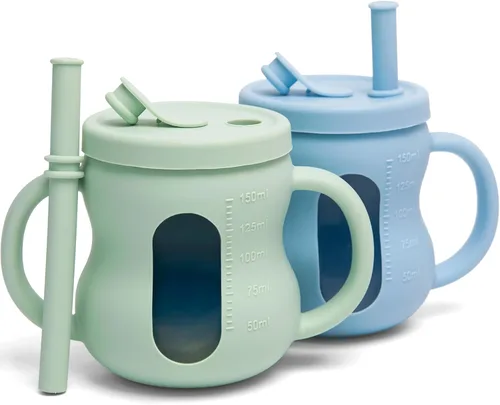 Taza de entrenamiento 100% de silicona para bebé, 2 unidades, vasos transparentes de 5 onzas con pajita para bebés de 6 meses en adelante (verde y