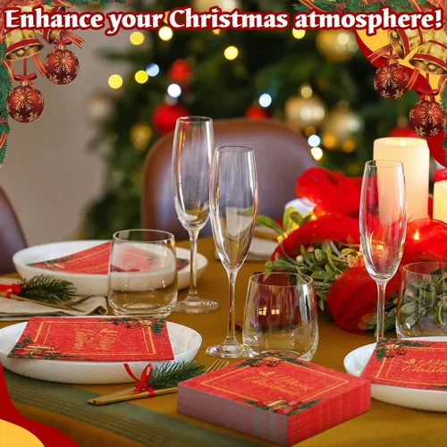 Miniatura 6 de 200 servilletas de papel de cóctel de Navidad, color rojo y dorado, desechables, servilletas de papel para bebidas navideñas para fiestas de postres