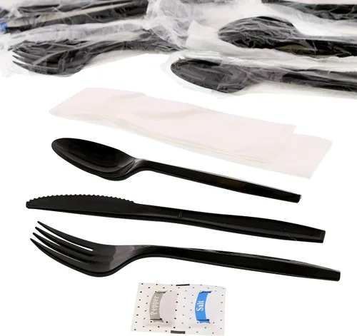 Miniatura 3 de Kit de 6 piezas negro mediano de peso grande tenedor-cucharadita-cuchillo-12" x 13" servilleta S&P