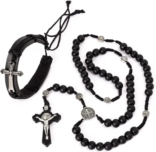 MAZUNDA Cuentas de rosario, perfectas para hombres y grandes mujeres católicas con medalla de San Benito, pulseras de cruz de cuero de cortesía y