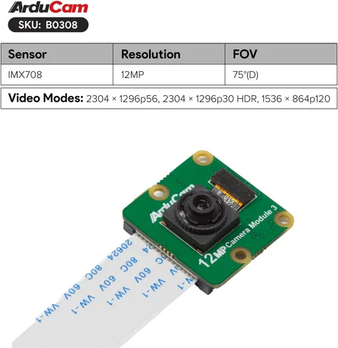 Miniatura 2 de Arducam para Raspberry Pi Cámara Módulo 3, 12MP IMX708 75° (D) Foco fijo Pi Cámara V3, para Raspberry Pi 5/4B/3B+, Zero