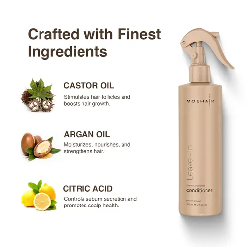 Miniatura 2 de MOEHAIR Spray acondicionador sin enjuague para cabello encrespado Fórmula desenredante e hidratante infundida con proteínas Añade brillo Sin