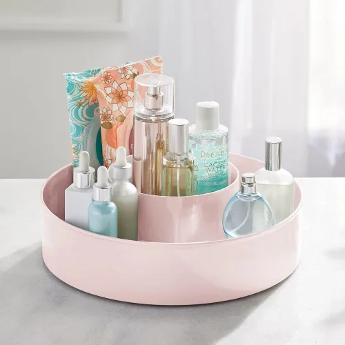 Miniatura 2 de mDesign Bandeja de almacenamiento redonda de plástico Lazy Susan, organizador giratorio para maquillaje, cosméticos, esmalte de uñas, vitaminas