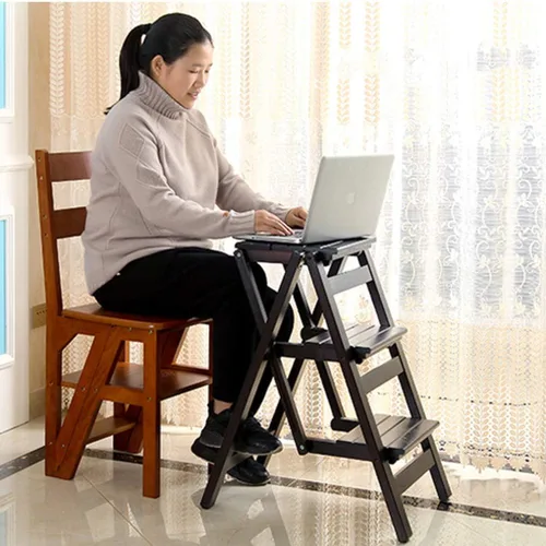Miniatura 6 de Escalera plegable multifuncional, plegable de madera maciza, taburete para el hogar, multicolor, escalera plegable, color blanco, tres