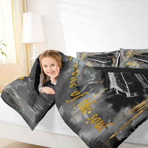 Miniatura 7 de Homewish Piano Music Comforter Set King Size,Musical Notes Bedding Set 3Pcs for Kids Girls Boys Teens Room Decor,Retro Graffiti Grey Gold Down Multi