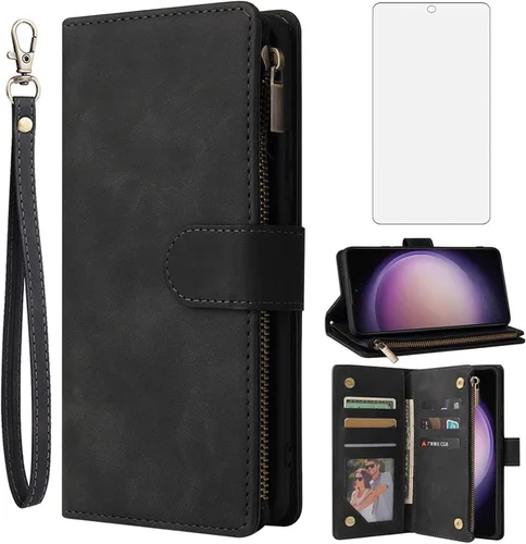 Asuwish Funda tipo cartera compatible con Samsung Galaxy S23 Plus 5G, protector de pantalla de vidrio templado y portatarjetas, accesorios
