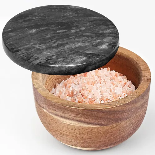 Miniatura 7 de Jalz Jalz Salero de sal con cuchara, base de mármol negro, tapa de acacia natural, cajas decorativas, recipiente para condimentos, diseño elegante