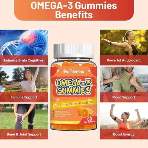 Miniatura 6 de Suplemento de gomitas Omega 3 de 1000 mg, alta absorción DHA y EPA, apoyo para el corazón, el cerebro y las articulaciones, aceite de pescado extra