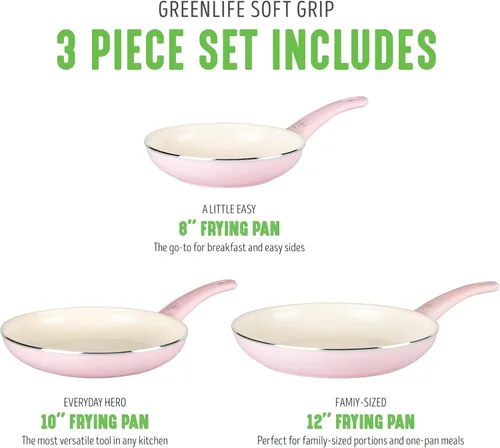 Miniatura 4 de GreenLife Soft Grip Healthy Ceramic Antiadherente, juego de sartenes de 8, 10 y 12 pulgadas, sin PFAS, apto para lavavajillas, rosa suave
