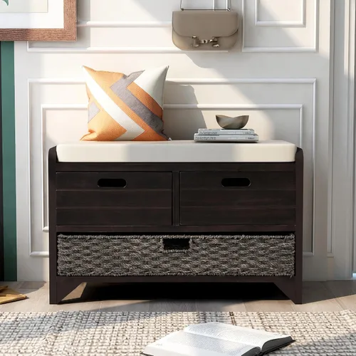 Miniatura 9 de SOFTSEA Banco de Almacenamiento Tapizado, Otomana de Almacenamiento con Cesta Removible y 2 Cajones, Banco de Zapatos de Estilo Granja con Cojín