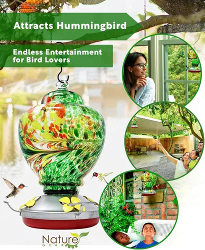 Miniatura 4 de Nature Gear - Comedero para colibríes, comederos de vidrio colgantes para exteriores, comedero de vidrio soplado a mano con foso para hormigas