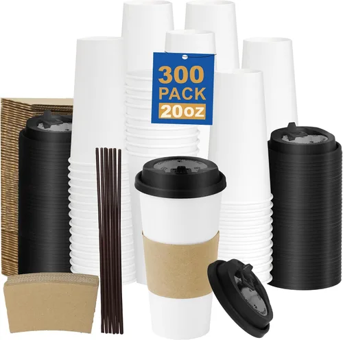 Miniatura 24 de Paquete de 100 tazas de café desechables de pared ondulada corrugada de 16 onzas con tapas y pajitas, tazas aisladas resistentes para bebidas