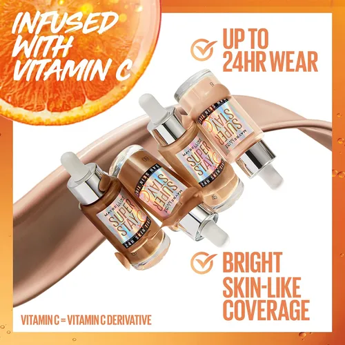 Miniatura 4 de Maybelline Super Stay Up - Tinte para piel de hasta 24 horas, base radiante de cobertura ligera a media, maquillaje infundido con vitamina C, 102, 1
