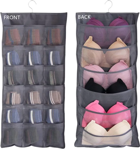 Miniatura 10 de Organizador de armario de doble cara con bolsillos de malla para colgar, para ropa interior, brasier, calcetines, accesorios con percha, total de 24