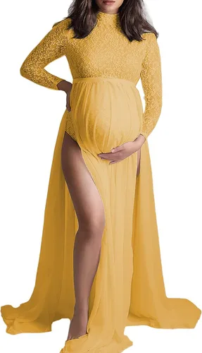 ZIUMUDY Vestido de maternidad de manga larga con encaje transparente para fotografía con falda de gasa maxi para sesión de fotos