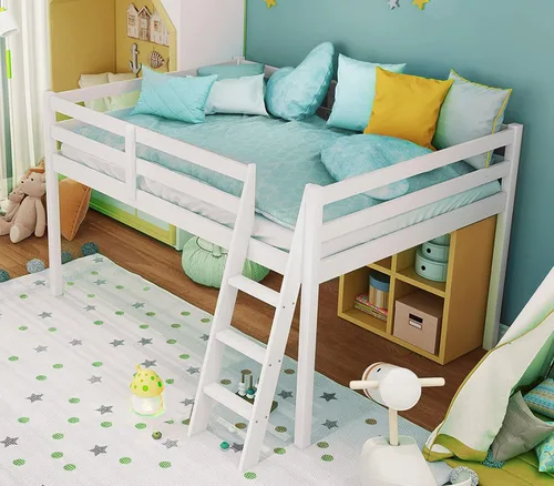 Miniatura 14 de VINGLI - Cama tipo loft baja de 47'' para junior con escaleras, cama de madera tamaño individual para adultos, niños y adolescentes jóvenes, sin