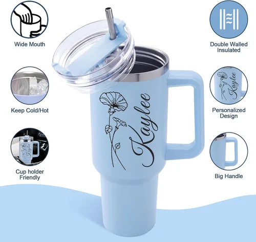 Miniatura 4 de Elemtansy Vaso personalizado de 40 onzas con asa y pajita, taza personalizada con nombre y flor de nacimiento, vaso de café de viaje de acero