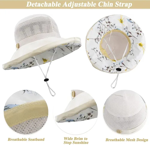 Miniatura 3 de Sombrero de malla para el sol para mujer, plegable, de ala ancha, protección UV, protección UV, para playa, con correa para la barbilla