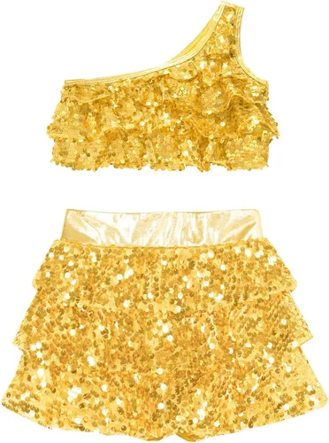 Miniatura 49 de JEATHA Top corto con borlas y lentejuelas brillantes para niñas, con minifalda, jazz latino, salsa, samba, rumba, baile