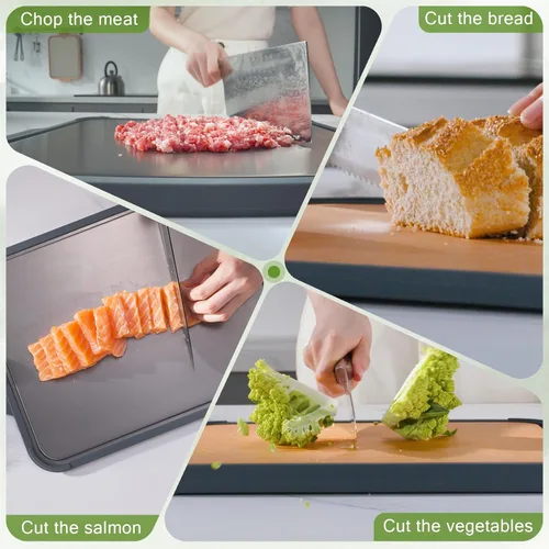 Miniatura 9 de Tabla de cortar de titanio para cocina, tabla de cortar de titanio puro de doble cara y fibra de madera con ranura para jugo, material de grado