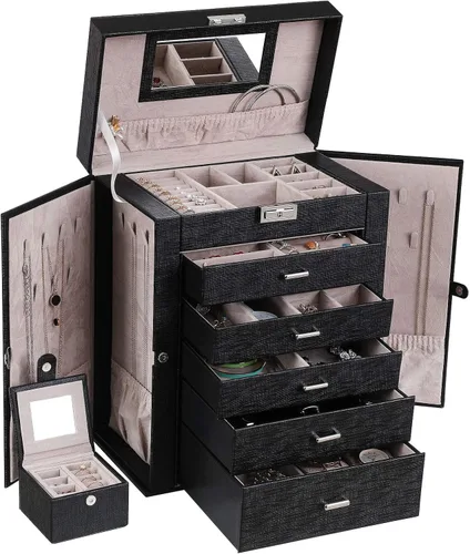 ANWBROAD Caja de joyería grande de 6 niveles, organizador de joyas con cerradura de espejo, caja de joyería para niñas, aretes, anillos, collares,