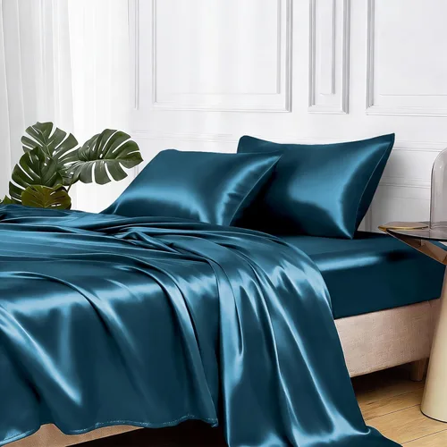 Miniatura 38 de MR&HM Sábanas de satén para cama de tamaño King, juego de 4 piezas de ropa de cama sedosa con bolsillo profundo de 15 pulgadas para colchón
