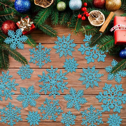 Miniatura 4 de 49 piezas de adornos de Navidad, decoraciones de copo de nieve en oferta - Adornos de Navidad azules con purpurina, copos de nieve colgantes