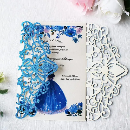 Miniatura 3 de 20 piezas de 5.12 x 7.28 pulgadas azul real con purpurina para invitaciones de boda con bolsillo floral hueco con sobres para invitación de Azul Rey